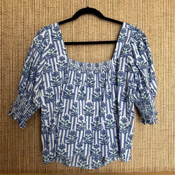 Ophelia & Indigo Mary Top XS Blue Stripe Floral Smocked Puff Sleeve - Picture 5 of 8
